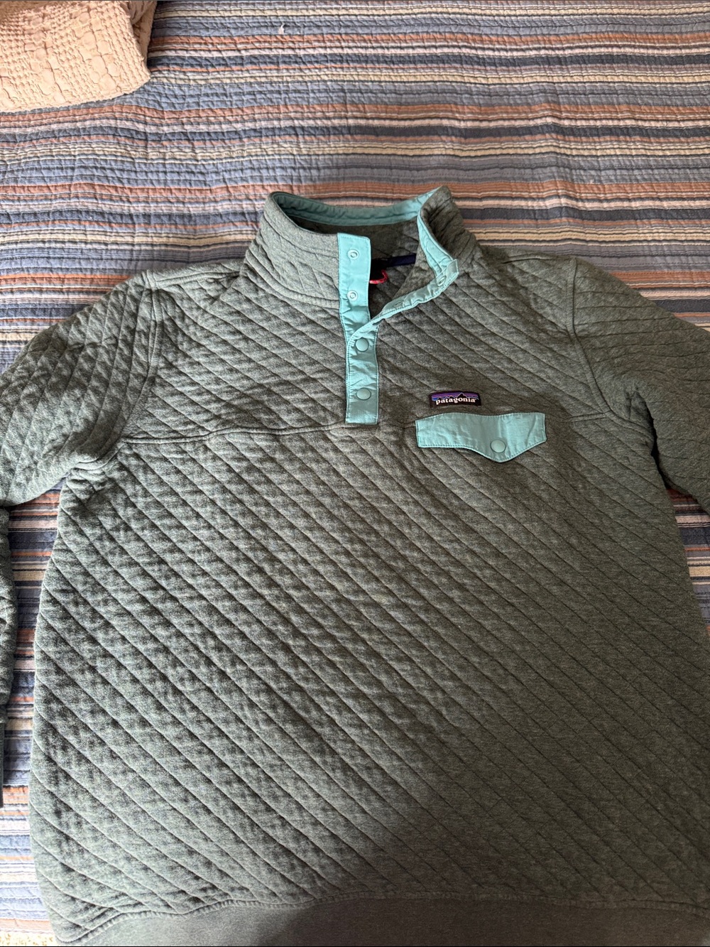 Patagonia Olive Quilted Pullover with Teal Trim